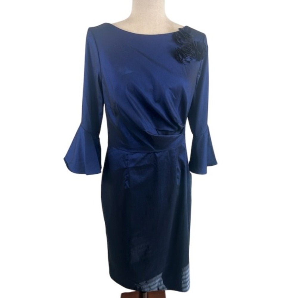 New‎ Alex Evenings Navy Blue Cocktail Party Dress Sheath Flared Sleeves Size 10